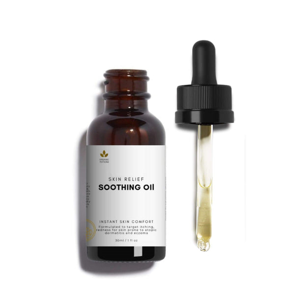 A bottle with dropper of Organic Potions Soothing Oil for Dry, Itchy, and Sensitive Skin.
