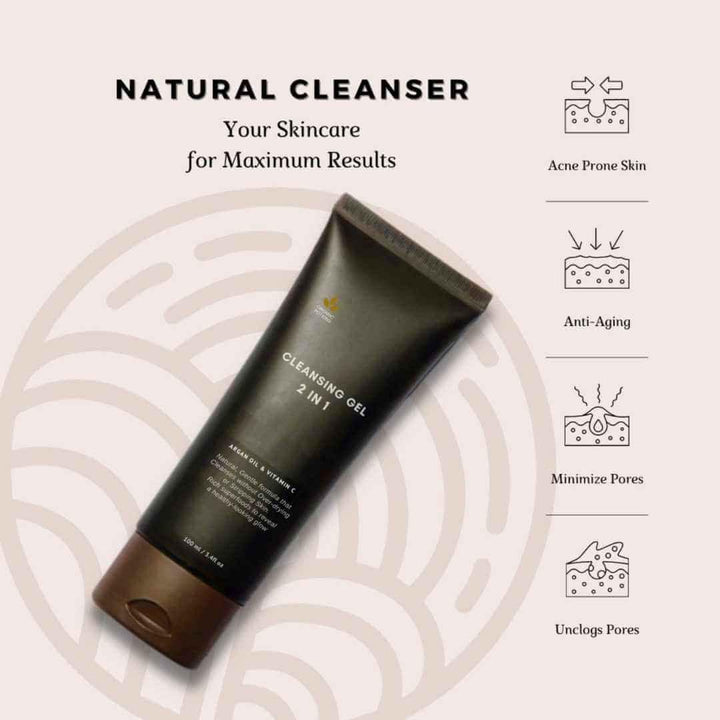 close-up of brown tube of face cleanser gel, gently removes dirt, oil, makeup and impurities